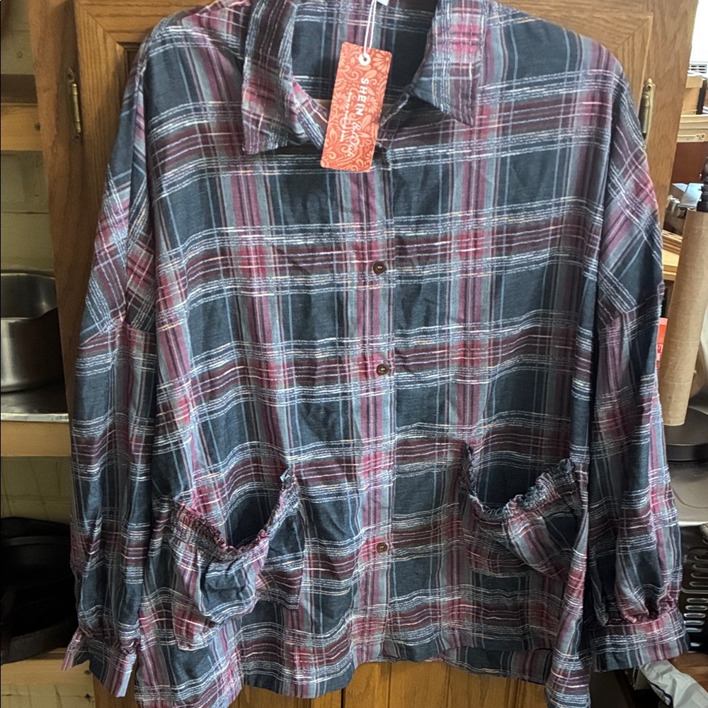 SHEIN Gray, Blue and Pink Plaid Button-Down Shirt